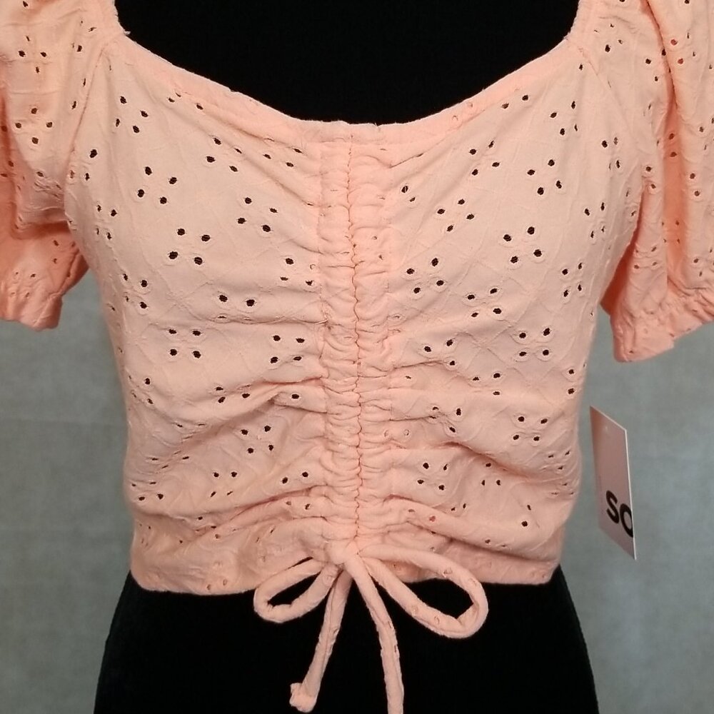 So Brand Junior Size X-Large Summer Shirt Orange Cinch Front Puff Sleeve Top NEW - Picture 3 of 4